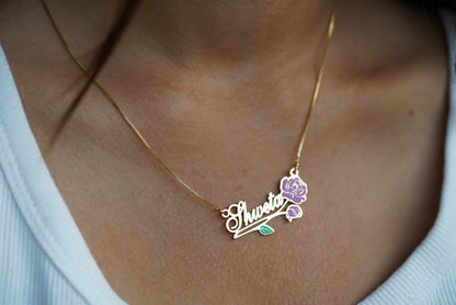 Enamel name necklace with Rose